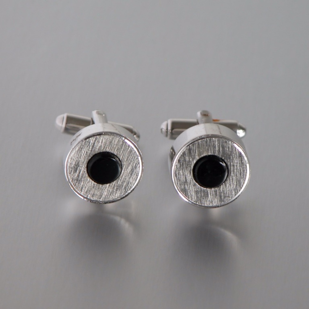 Vintage Round Onyx Cufflinks Brushed Silver Tone